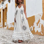 Sun Face Snake Graphic Print Ruffle Hem Spaghetti Strap Maxi Dress