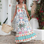 Sun Face Snake Graphic Print Ruffle Hem Spaghetti Strap Maxi Dress