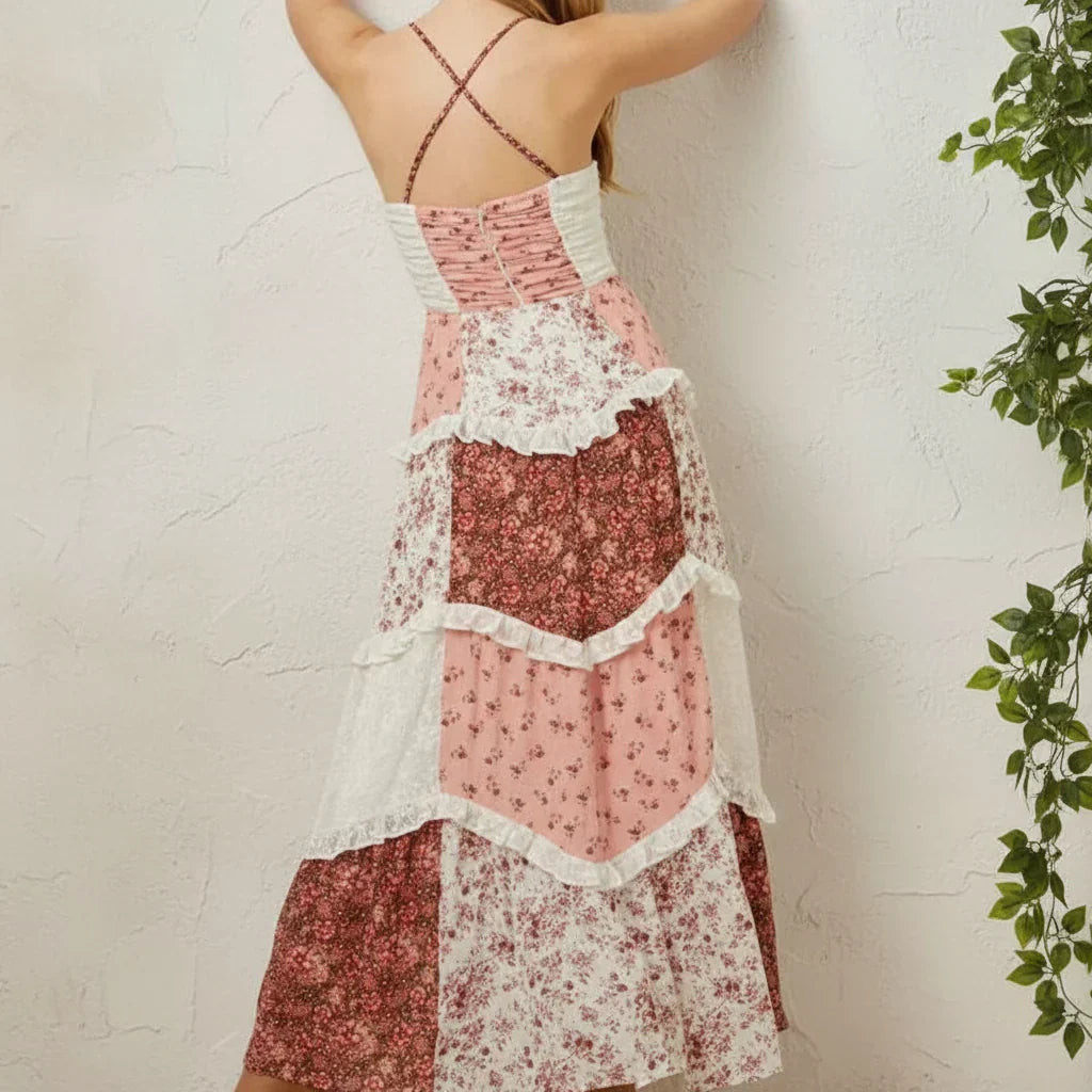Patchwork Floral Tiered Ruffle Spaghetti Strap Maxi Dress