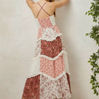 Patchwork Floral Tiered Ruffle Spaghetti Strap Maxi Dress