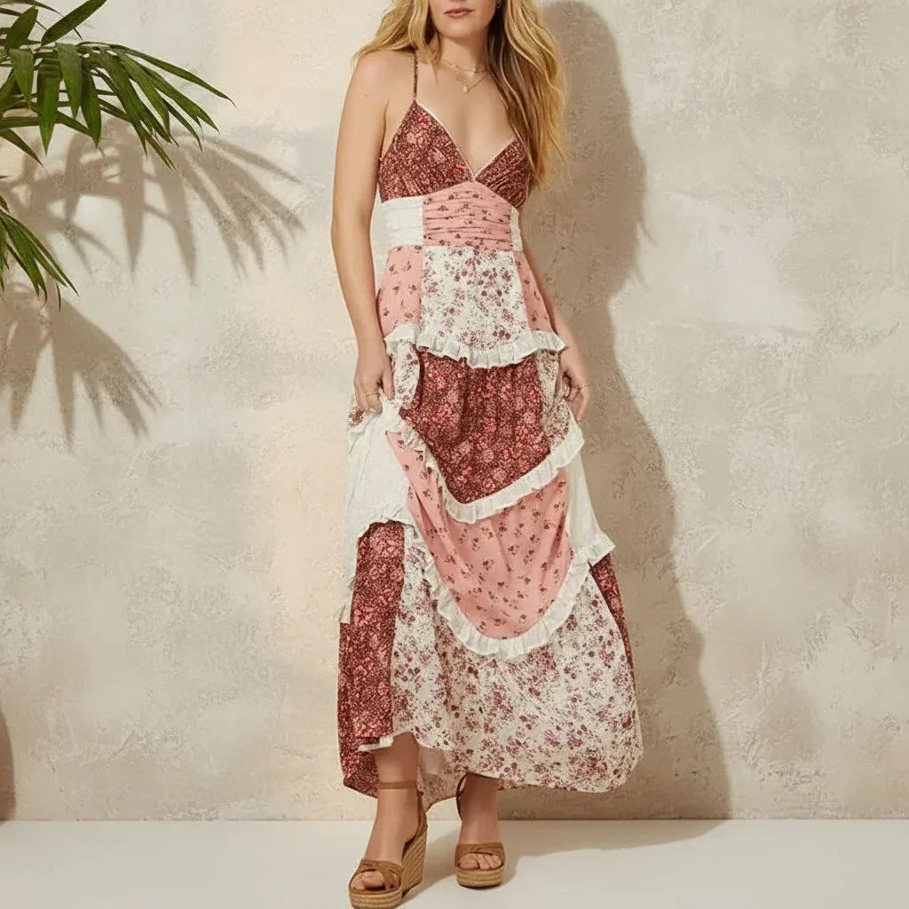 Patchwork Floral Tiered Ruffle Spaghetti Strap Maxi Dress