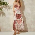 Patchwork Floral Tiered Ruffle Spaghetti Strap Maxi Dress