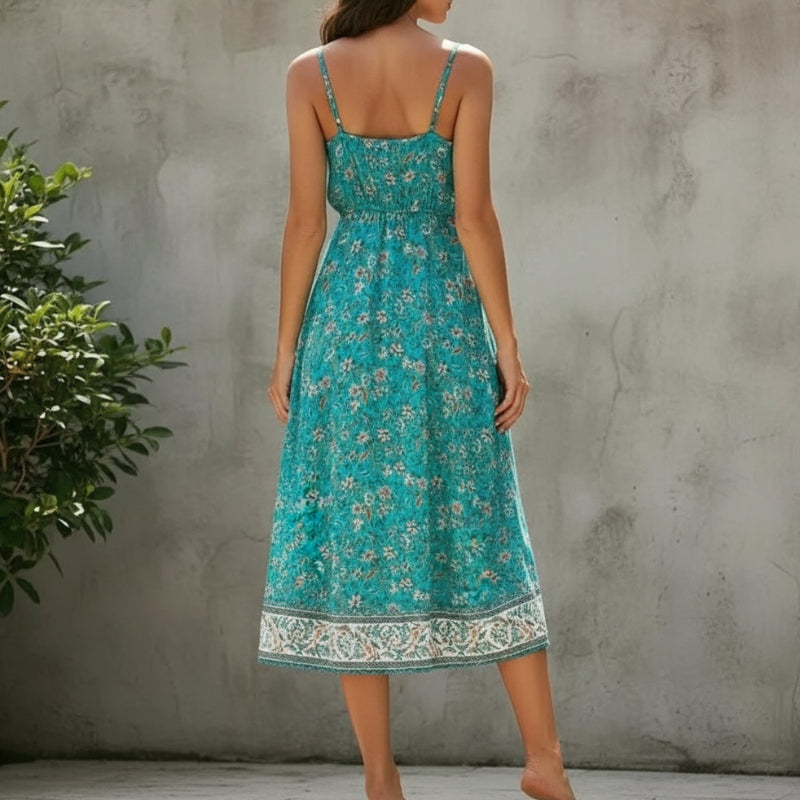 Floral Border Panel Print Spaghetti Strap V-Neck Side Slit Midi Dress