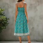 Floral Border Panel Print Spaghetti Strap V-Neck Side Slit Midi Dress