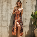 Floral Border Panel Print Spaghetti Strap V-Neck Side Slit Midi Dress