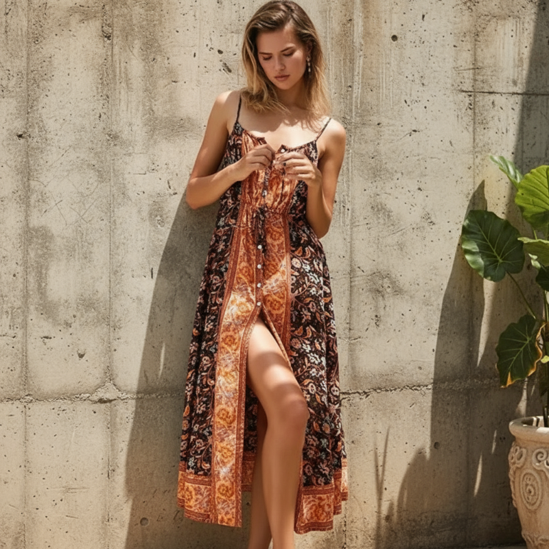 Floral Border Panel Print Spaghetti Strap V-Neck Side Slit Midi Dress