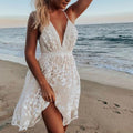 Floral Lace Embroidery Deep V-Neck Empire Waist Spaghetti Strap A-Line Mini Dress