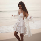 Lace Bell Sleeve Cardigan Tiered Spaghetti Strap Mini Dress Two Piece Set