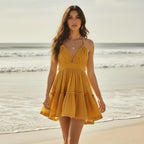Lace Bell Sleeve Cardigan Tiered Spaghetti Strap Mini Dress Two Piece Set