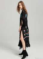 Boho Black Cotton Floral Embroidery Dress