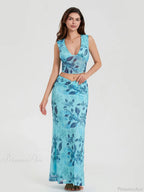 Boho Blue Floral Back Bandage Crop Tank Wrap Long Floral Dress