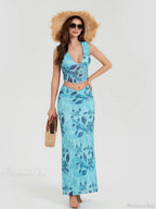 Boho Blue Floral Back Bandage Crop Tank Wrap Long Floral Dress
