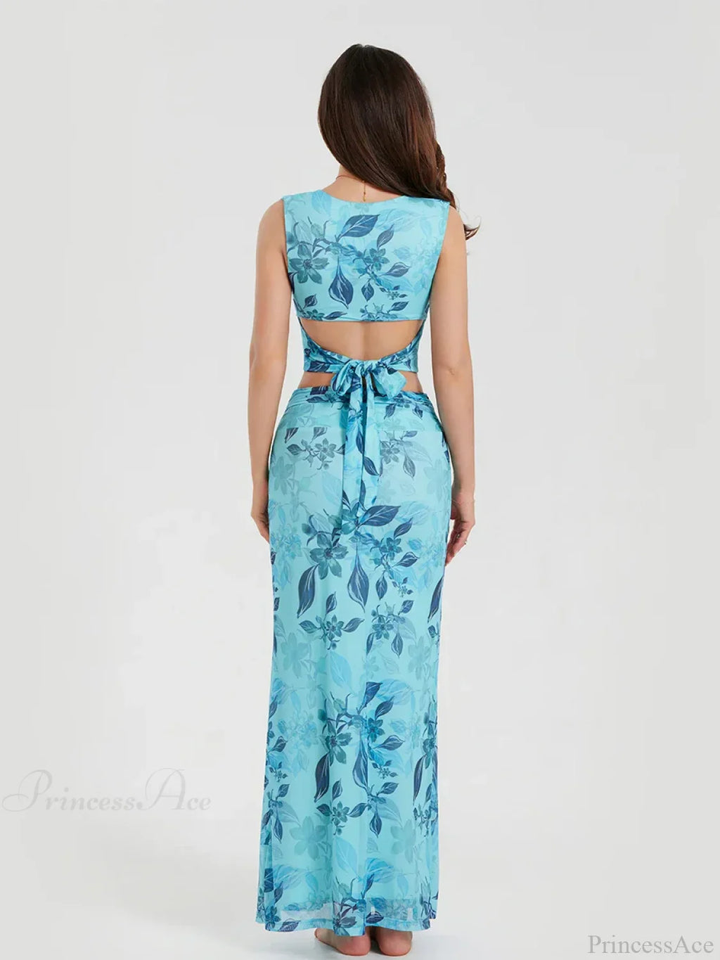 Boho Blue Floral Back Bandage Crop Tank Wrap Long Floral Dress