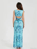 Boho Blue Floral Back Bandage Crop Tank Wrap Long Floral Dress