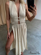 Boho Braids Belt Cutout Graceful Slit Kaftan Maxi Dress