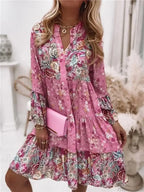 Boho Casual V-neck Loose A-line Floral Beach Party Dress