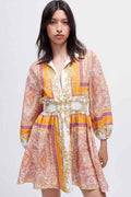 Boho Chic Collared V Neck Floral Beach Vacation Mini Dress - Yellow