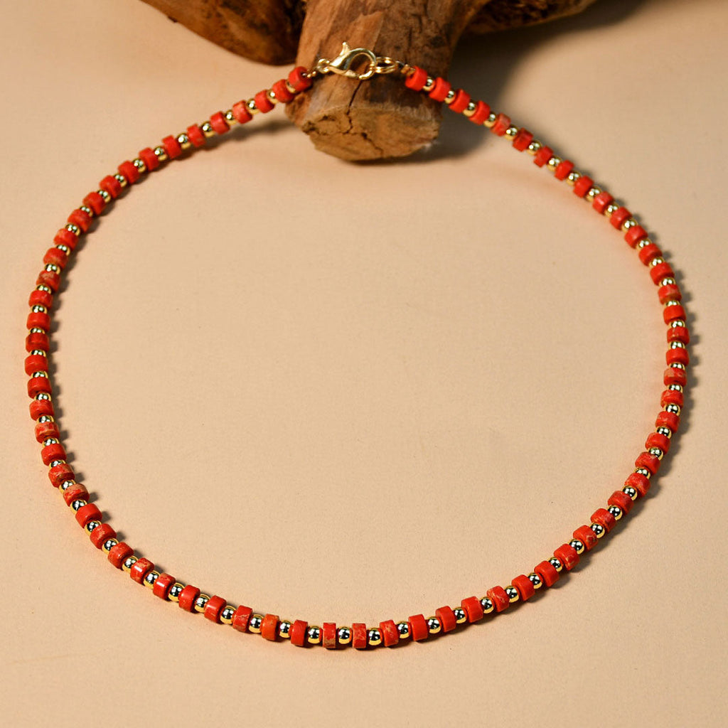 Boho Red Enamel Bead Choker Necklace with Plating