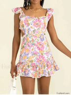 Pink Floral Backless Mini Dress