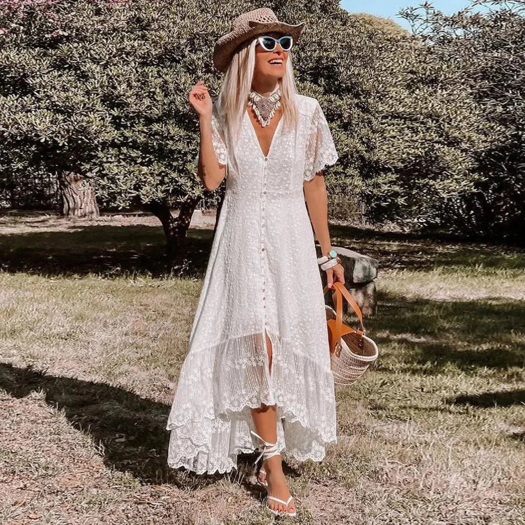Boho Loose Summer Dress Vintage Deep V Floral Print