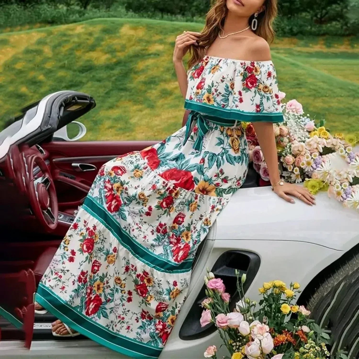 Boho Off-Shoulder Ruffle Floral Print Maxi Floral Dress