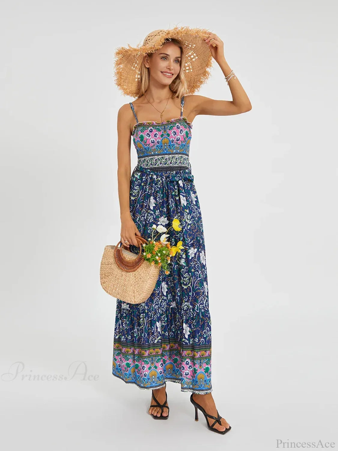 Boho Retro Floral Swing Spaghetti Straps Belted Long Floral Dress