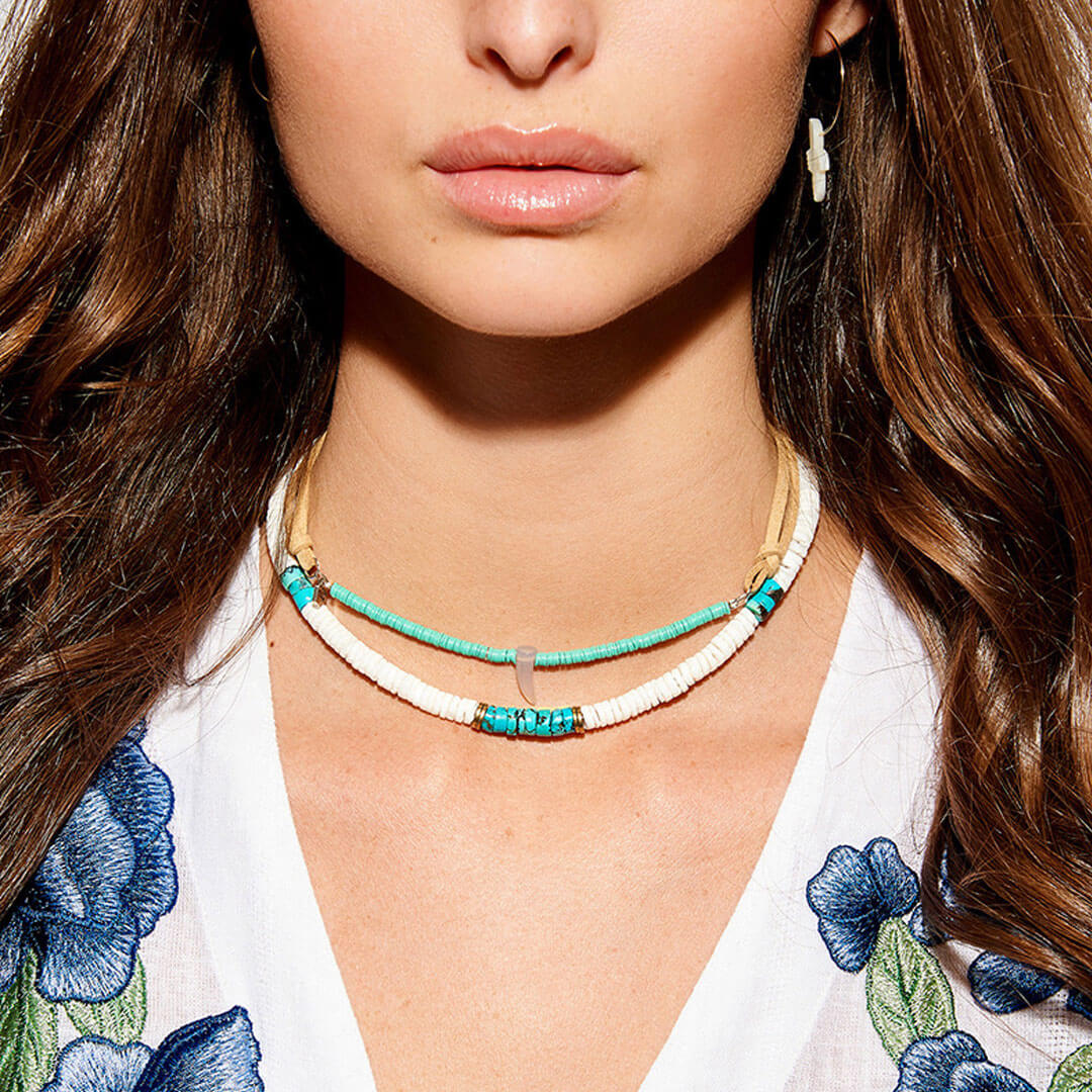 Two Tone Blue Bead Choker Necklace in Boho Tribal Style