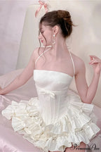Boned Bow Lace-Up Mini Tulle Party Dress