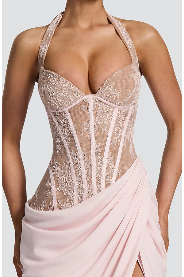 Bonita Floral Lace Contrast Structural Detail Asymmetrical Pleats Halter Slit Maxi Dress