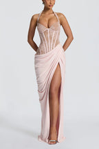 Bonita Floral Lace Contrast Structural Detail Asymmetrical Pleats Halter Slit Maxi Dress