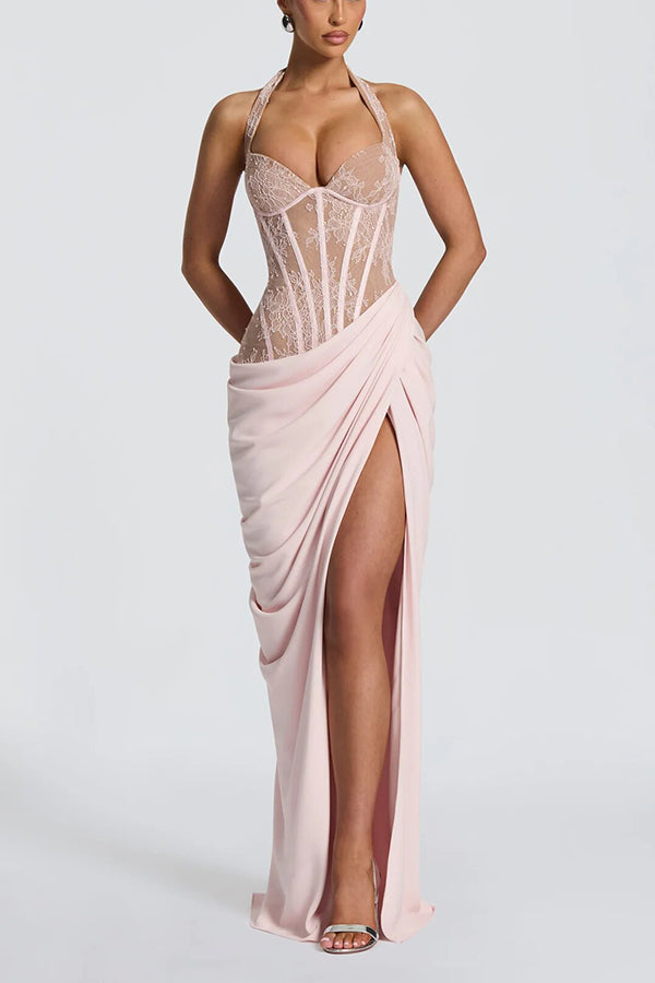 Bonita Floral Lace Contrast Structural Detail Asymmetrical Pleats Halter Slit Maxi Dress