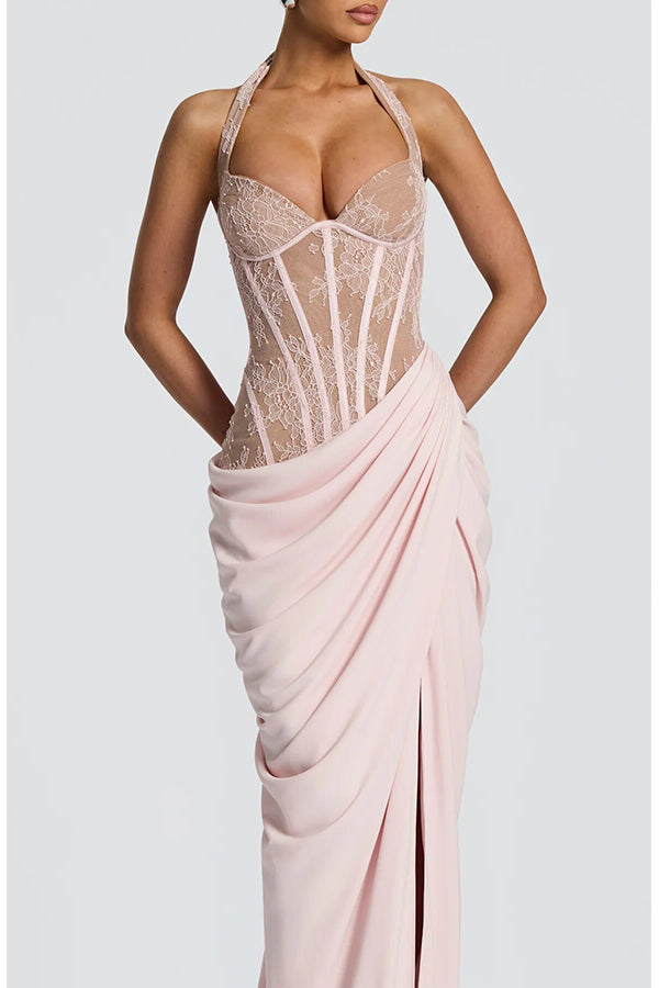 Bonita Floral Lace Contrast Structural Detail Asymmetrical Pleats Halter Slit Maxi Dress