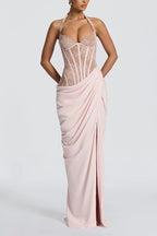 Bonita Floral Lace Contrast Structural Detail Asymmetrical Pleats Halter Slit Maxi Dress