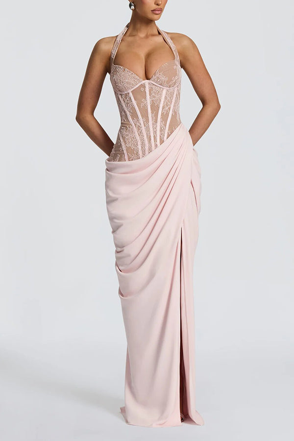 Bonita Floral Lace Contrast Structural Detail Asymmetrical Pleats Halter Slit Maxi Dress