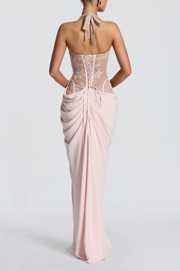Bonita Floral Lace Contrast Structural Detail Asymmetrical Pleats Halter Slit Maxi Dress