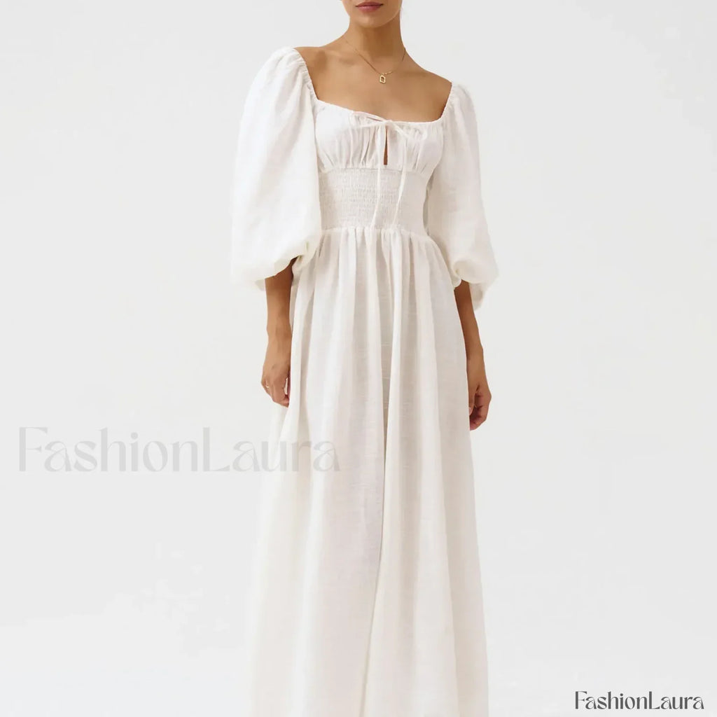 Bow-Front Smocked Midi Dress