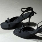 Bow Satin Luxury Designer Elegant Ankle Strap Square Toe Mules Pumps Slingback High Heel