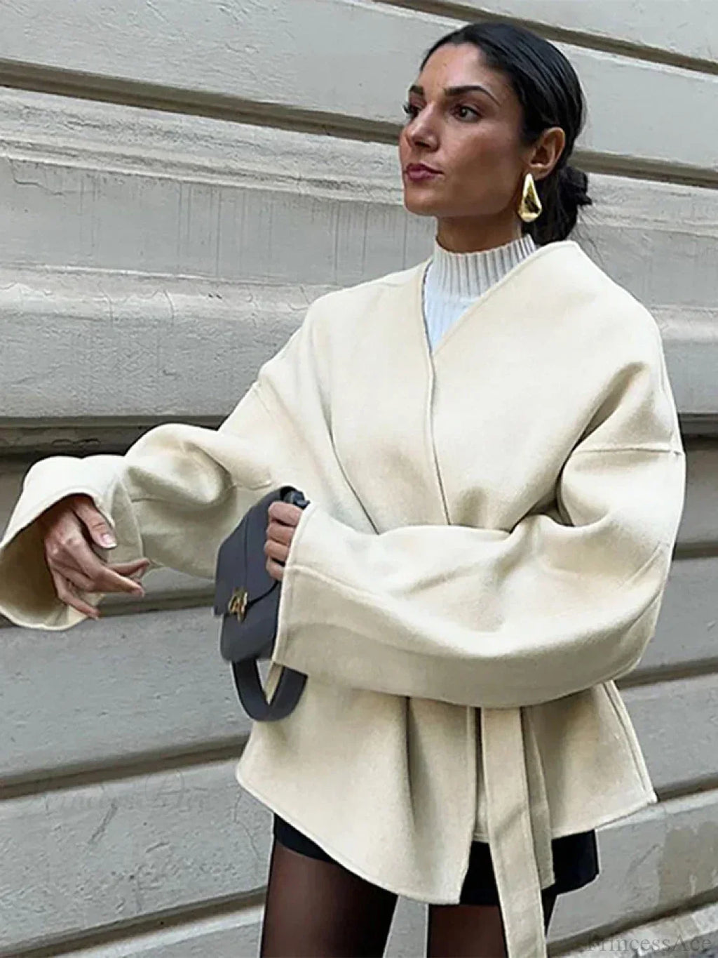 Bow Tie Lace-Up V-Neck Belted Overcoat