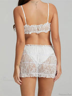 Bowknot Spaghetti Strap Sleeveless Lace Camis Crop Top with Mini Skirt Set