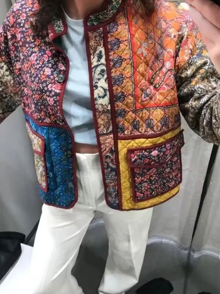 | Floral print coat with patchwork pockets