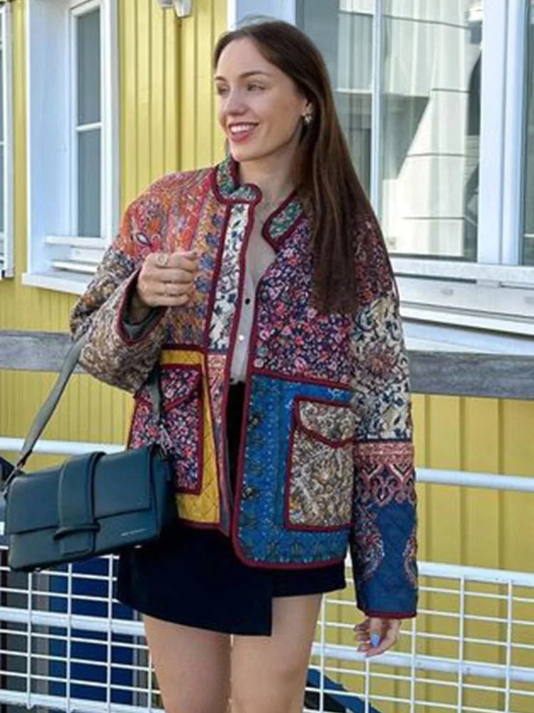 | Floral print coat with patchwork pockets