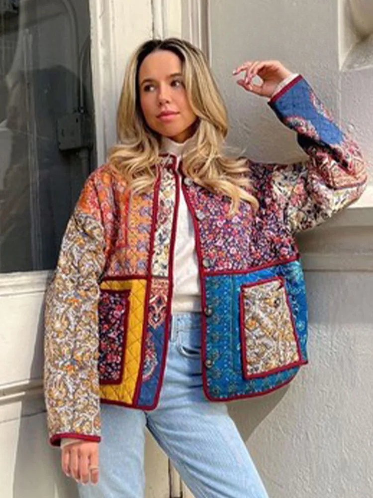 | Floral print coat with patchwork pockets