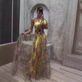 One Shoulder Puff Sleeve 3D Floral Applique High Slit Tulle Maxi Gown