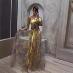 One Shoulder Puff Sleeve 3D Floral Applique High Slit Tulle Maxi Gown