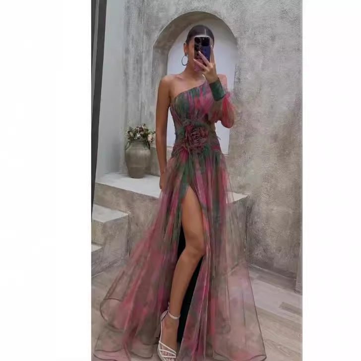 One Shoulder Puff Sleeve 3D Floral Applique High Slit Tulle Maxi Gown