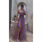 One Shoulder Puff Sleeve 3D Floral Applique High Slit Tulle Maxi Gown