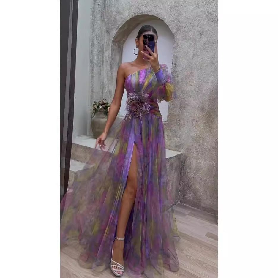 One Shoulder Puff Sleeve 3D Floral Applique High Slit Tulle Maxi Gown