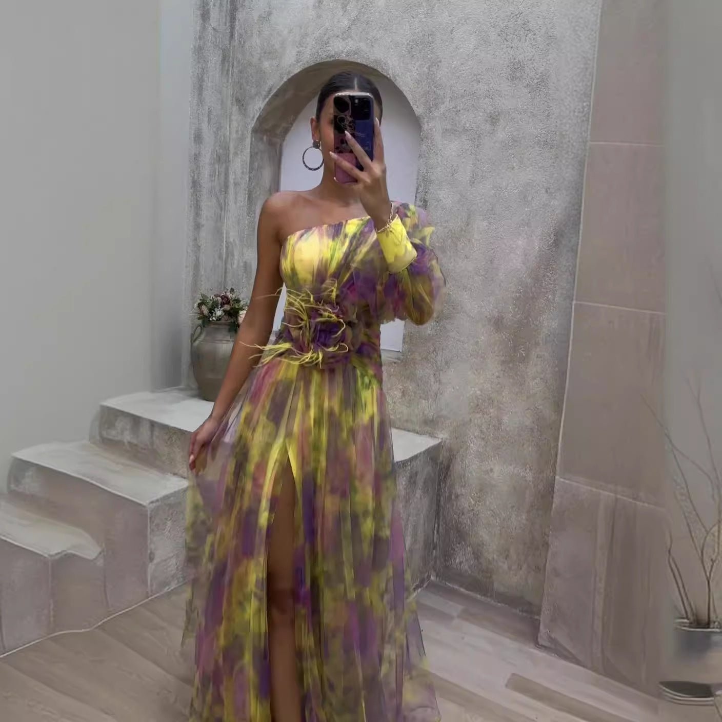 One Shoulder Puff Sleeve 3D Floral Applique High Slit Tulle Maxi Gown