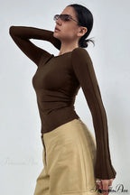 Brown Color Blocked Skinny Crew Neck Long Sleeve Tee