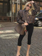 Brown Cropped Lapel Leather Coat